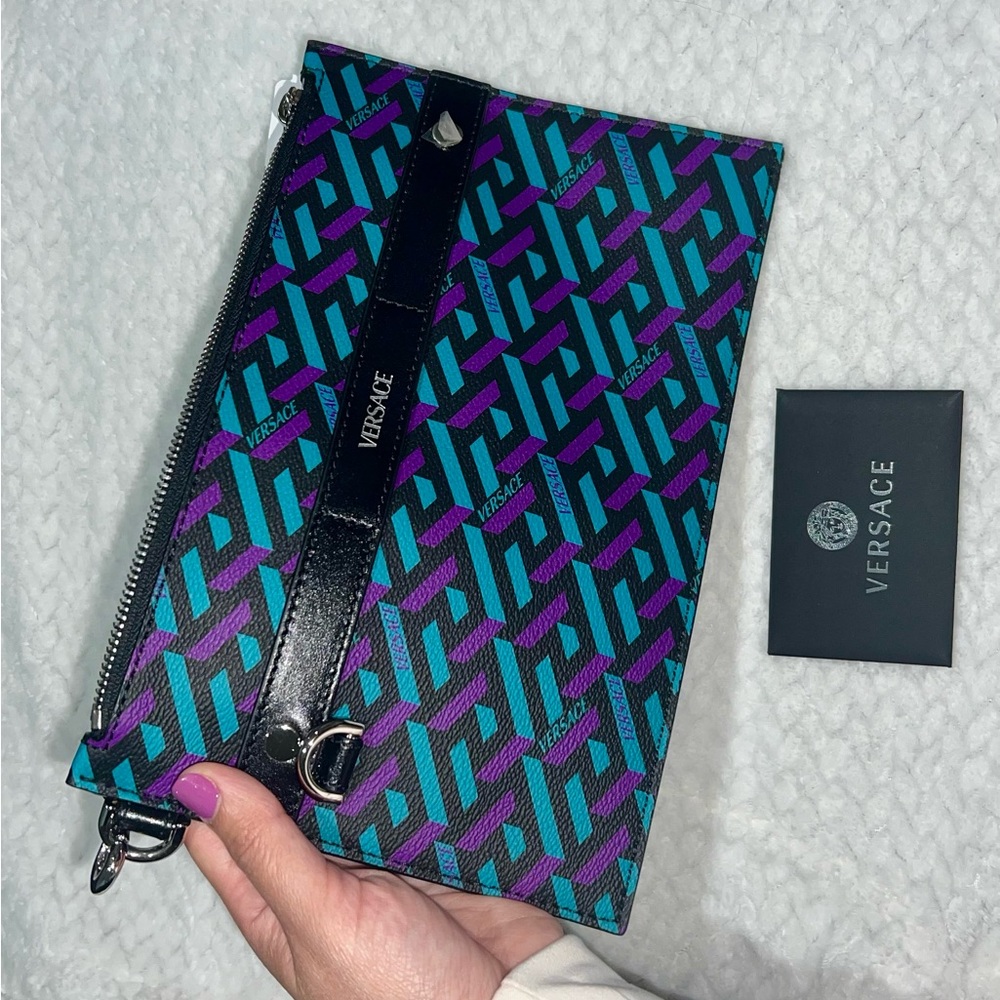 Versace Geometric Clutch La Greca Print in Teal and Purple